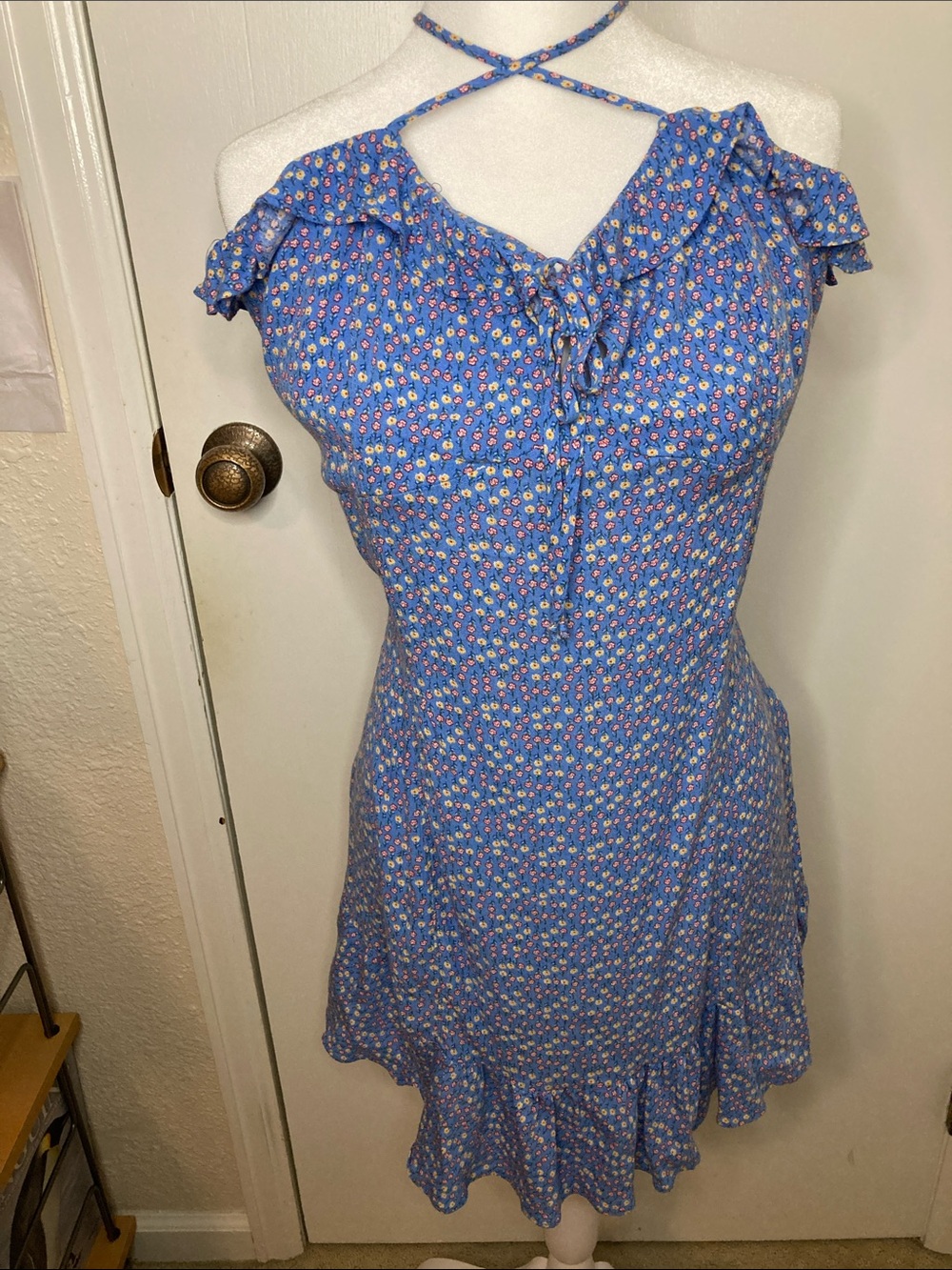 Blue Floral Halter Tie Ruffle Mini Dress